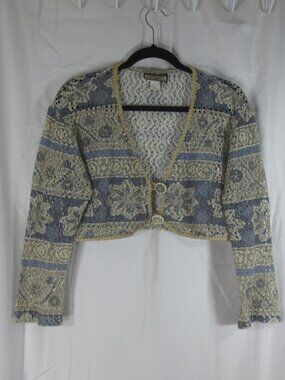 90s Wrapper Top Blue Tan Floral Boho Open Weave Button-up Vintage Shrug Size M